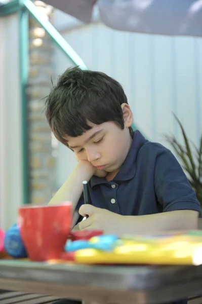 Cute Left Handed Boy His Homework Backyard Outdoor — Stock Photo, Image