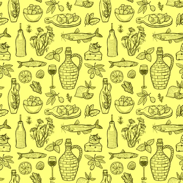 含橄榄油 香草和海鲜 阳光黄色等地中海传统食品符号的无缝线向量图案设计模板 — 图库矢量图片