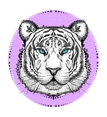 Kaplan amblemi ya da logosu, ön manzara kaplan portresi, el çizimi hayvan grafikleri.