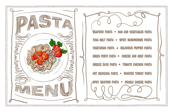 Pasta Menu List Design Template Hand Drawn Graphic Art Sketch — Stock Vector