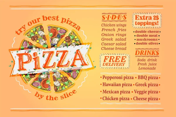 比萨菜单列表 板子或传单矢量模型 附有文字和比萨切片图解 — 图库矢量图片