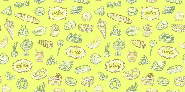 带有甜点和烘焙食品的无缝图案 涂鸦风格手绘草图 矢量背景 — 图库矢量图片