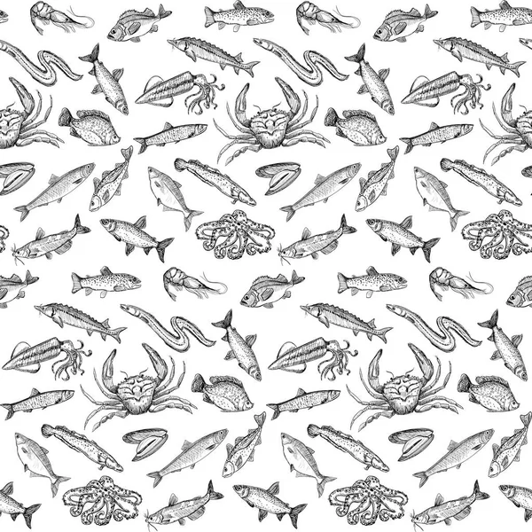 Grafische Nahtlose Muster Mit Fisch Und Meeresfrüchten Vektorskizze Stil Handgezeichnete — Stockvektor