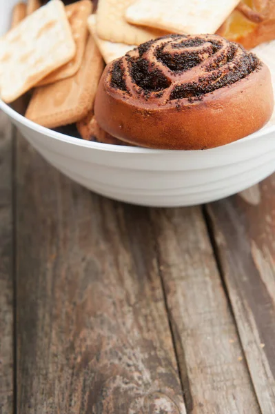 Closeup Pastries Bowl Wooden Backdrop Template — Stock Photo, Image