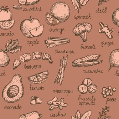 Sebze, fındık ve sebze - vejetaryen besin grafikleri kusursuz desen, karalama tarzı