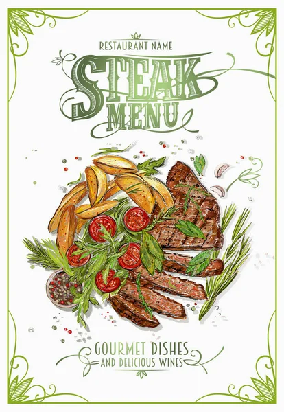 ステーキメニューベクトルモックアップと手書きスケッチポテトとサラダ付き牛ステーキのイラスト — ストックベクタ
