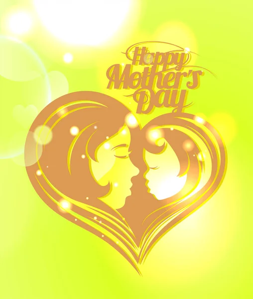 母亲节快乐卡片矢量设计模板与母子心形金色轮廓徽章和阳光灿烂的黄灯背景 — 图库矢量图片