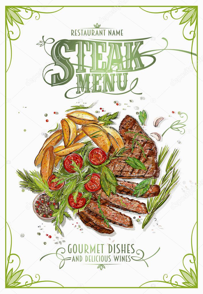 Steak menu vector mockup with hand drawn sketch illustration of a beef steak with fried potato and salad