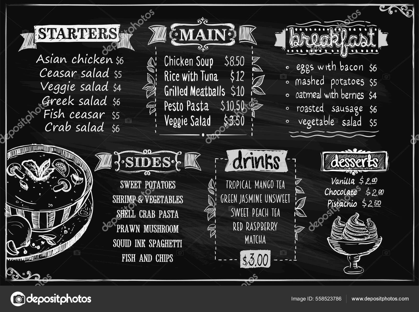 Chalk Menu Board Design Template Starters Main Dishes Breakfast Sides Stock Vector by ©slena