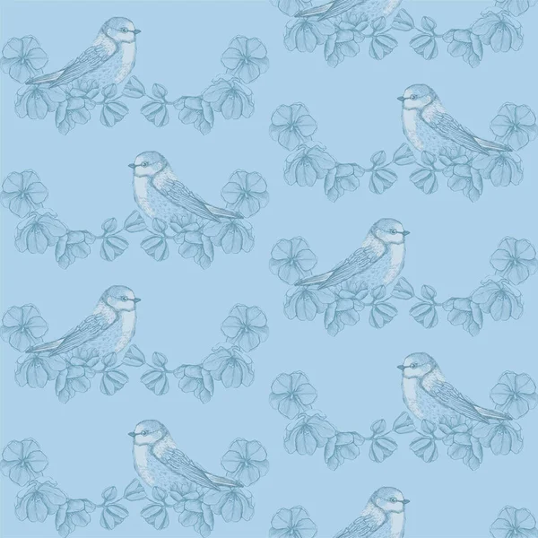 Bezproblémový Vzor Vrabčími Ptáky Sedícími Větvích Květin Ručně Kreslená Grafická — Stockový vektor