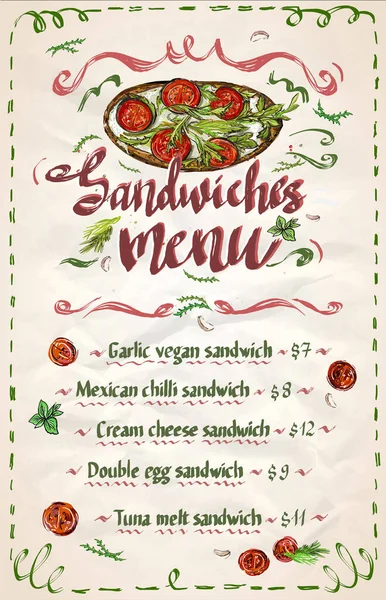Sandwiches Anzeigemenü Handgezeichnete Vektorgrafik Illustration Mockup Mit Tomatensandwich Und Grünzeug — Stockvektor