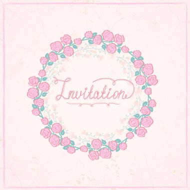 Davetiye kartı, el çizimi, pembe güllü çiçek çerçevesi, klasik tarz.