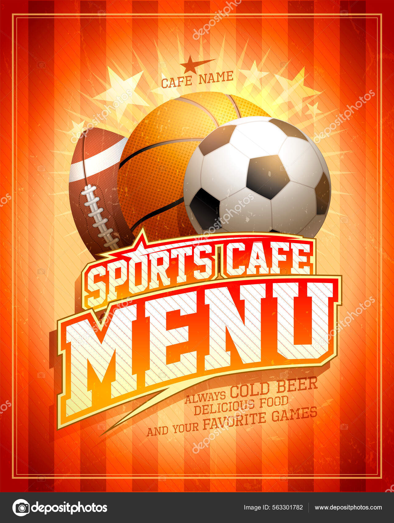 Sports Cafe Menu Card Template Football Basketball Rugby Balls Stock