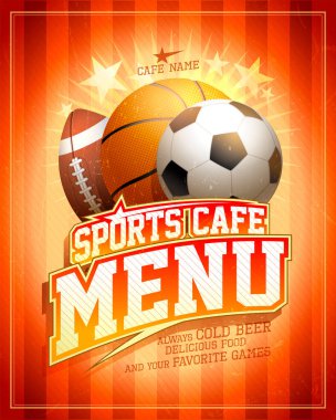 Futbol, basketbol ve ragbi toplarıyla birlikte spor kafe menü kartı şablonu