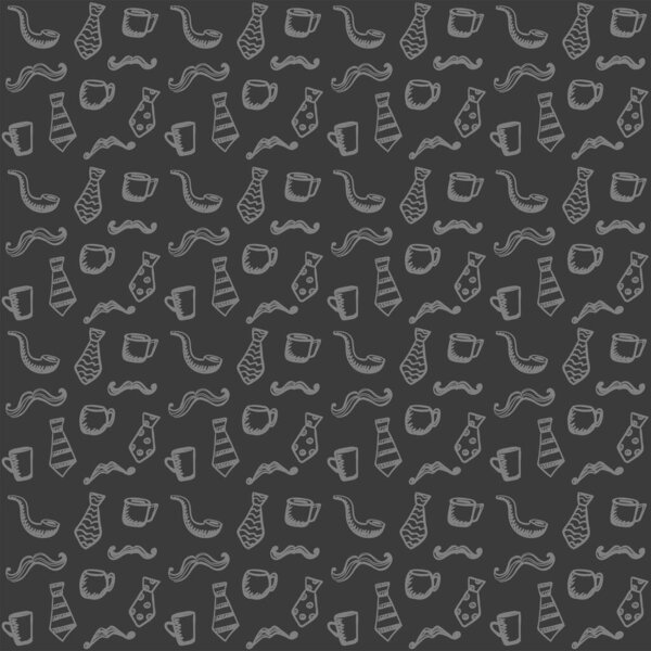 Doodle style seamless pattern with mustaches, cups and neckties, hand drawn vector illustration, manly style