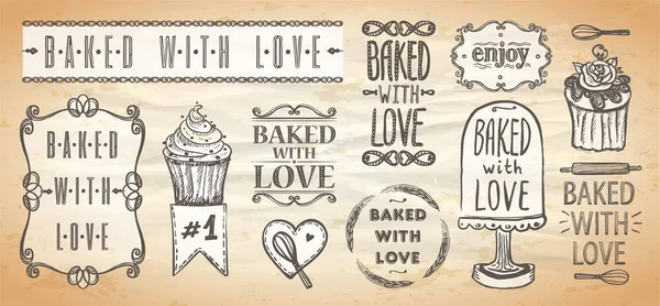 Baked Love Elements Set Templates Vector Collection Pastry Symbols Labels — ストックベクタ