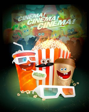 Sinema posteri, kafe menüsü kapağı, broşür ya da davetiye tasarımı şablonu komik yemek sembolleri - patlamış mısır kutusu, soda, kahve karikatürü karakterleri