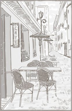 Eski kasaba el çizimi sokak kafe, vintage stil vektör grafik illüstrasyon