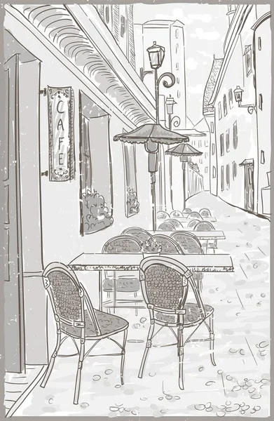 Street Cafè Nel Centro Storico Disegnato Mano Schizzo Stile Vintage — Vettoriale Stock