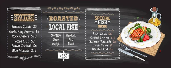鱼菜单黑板模型与鲑鱼牛排在盘子手绘矢量图解 — 图库矢量图片
