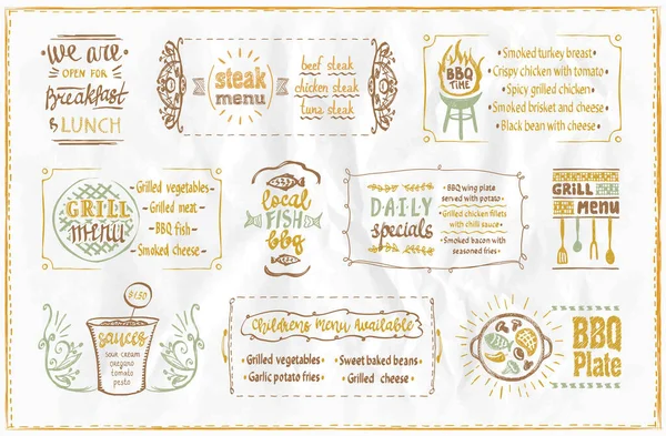 Grill Menü Sablon Menütábla Bbq Szimbólumokkal Étkezési Betűkkel Grill Menü — Stock Vector