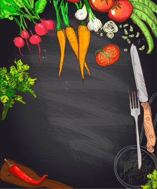 Tebeşir sebzeleri ve mutfak gereçleri, yazı tahtasında vektör grafik çizimi, metin için yer