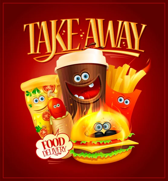 Take Away Food Food Delivery Poster Vector Template Funny Food — Archivo Imágenes Vectoriales