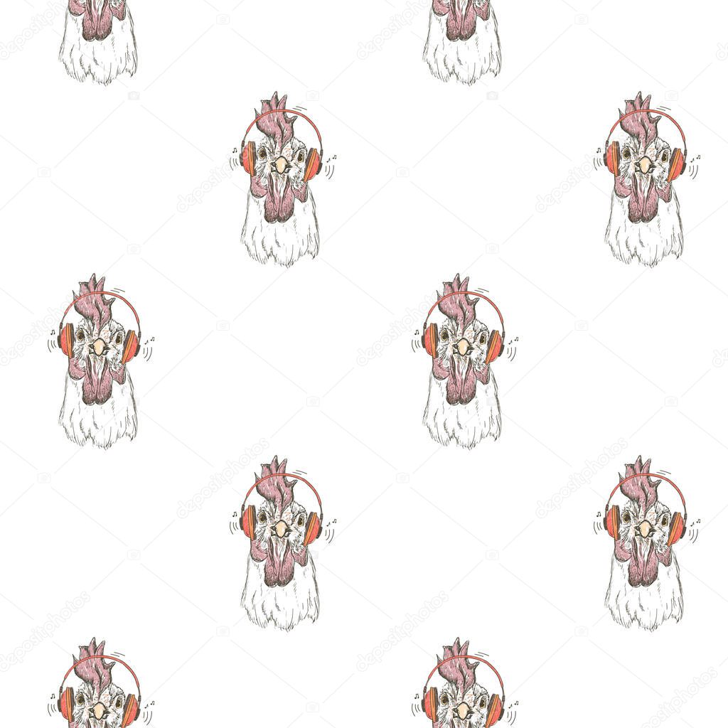 Seamless pattern with funny roosters listening music through headphones, hand drawn cartoon graphic vector pattern