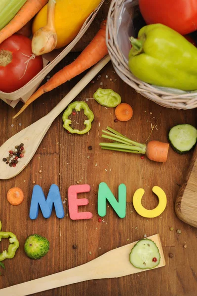 Menu Card Raw Sliced Vegetables Colored Letters Menu Vertical Banner — Stock Photo, Image