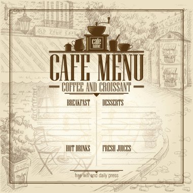 Cafe menu list template with vintage style graphic illustration of old style street cafe backdrop and place for text