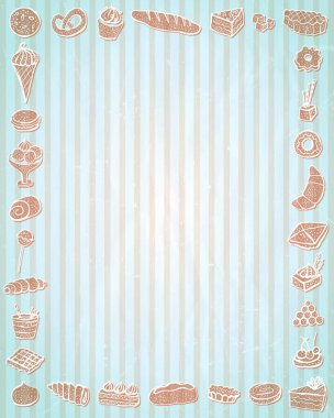 Fırınlanmış yiyecek çerçevesi, karalama tarzı el çizimi illüstrasyonlu boş alan listesi