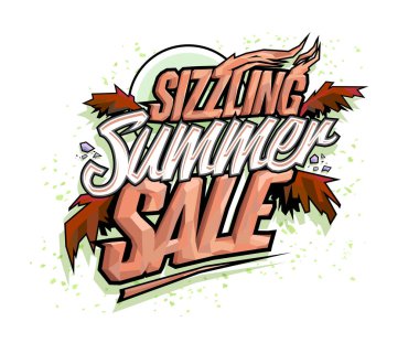 Sizzling summer sale vector banner template, hot tropical design with palms leaves