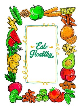 Çeşitli sebzeler ve meyve çerçeveli resimlerle sağlıklı tırnak şablonu yiyin
