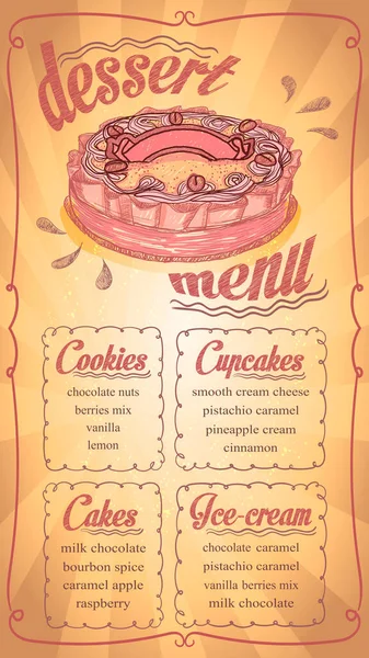 甜点菜单列出了老式风格的模板 包括纸杯蛋糕 冰淇淋和饼干 手绘矢量图形说明 — 图库矢量图片