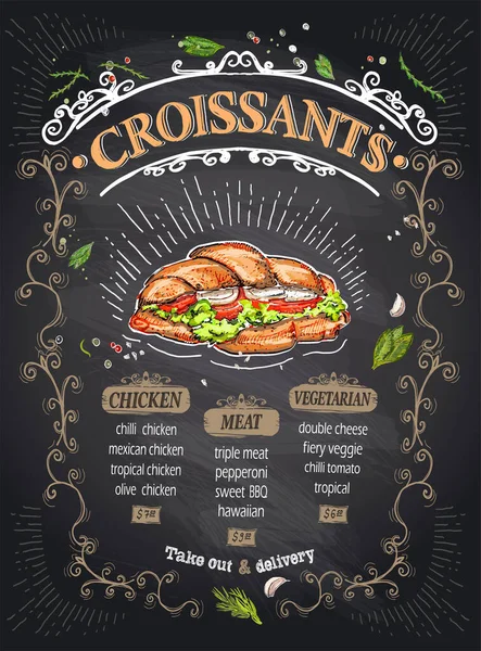 Croissants Chalkboard Menu Template Chalk Menu Copy Space Text Hand — 图库矢量图片