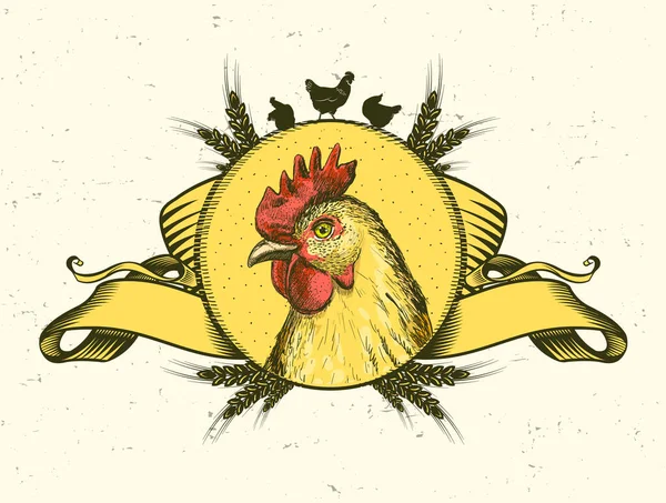 Hen Logotype Emblem Design Trade Symbol Bird Head Vintage Ribbons — Stock Vector
