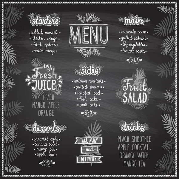 Modèle Vectoriel Tableau Menu Style Tropical Avec Feuilles Palmier Lettrage — Image vectorielle