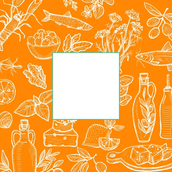 Carte Graphique Avec Cadre Cuisine Méditerranéenne Traditionnelle Huile Olive Légumes — Image vectorielle