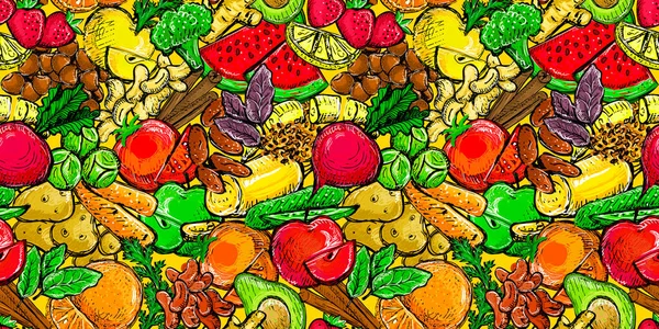 Meyveler Sebzeler Vektörsüz Desen Elle Çizilmiş Çizim Tarzı Vegan Gıda — Stok Vektör