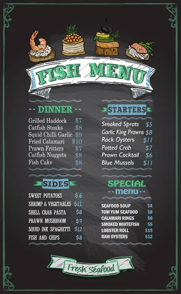 鱼粉笔菜板矢量模型与晚餐 开胃菜 侧面和特殊菜单模板 — 图库矢量图片