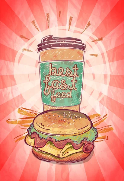 最佳快餐菜单封面 海报或横幅矢量设计与汉堡包 薯条和咖啡杯 老式风格 — 图库矢量图片