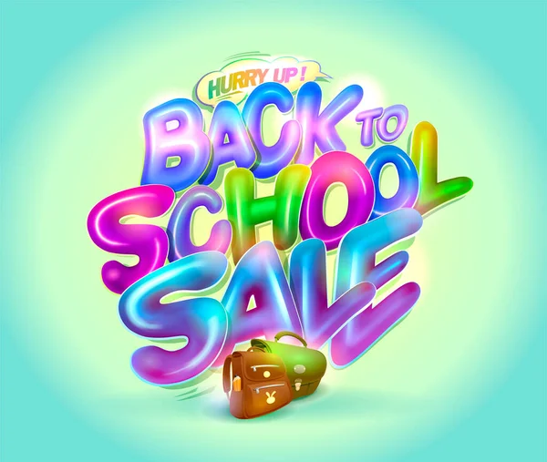 返回学校销售网页横幅设计模板与3D明亮的光彩夺目的字母和学校背包 — 图库矢量图片