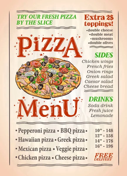Карта Меню Пиццы Графической Иллюстрацией Пиццы Винтажном Фоне Вектор — стоковый вектор