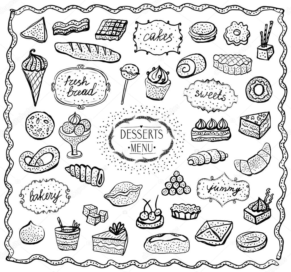 Desserts and baked goods graphic symbols set, doodle style hand drawn illustration