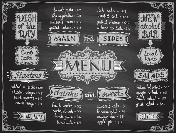 Chalk Menu List Blackboard Design Main Sides Drinks Sweets Salads — Vector de stock