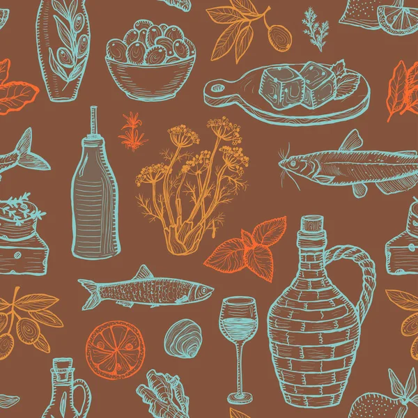 食用油 香草和海鲜等具有地中海传统食物的无缝制图形病媒图案 — 图库矢量图片