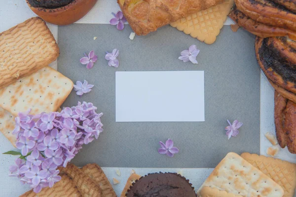 Pastries Frame Mockup Empty Card Template Lilac Flowers — Stock Photo, Image