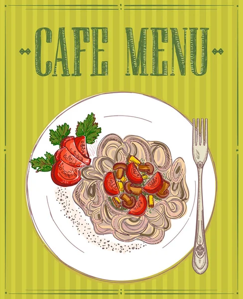 Cafe Menu Płaskim Lay Makaron Danie Szkic Graficzny Wektor Ilustracja — Wektor stockowy