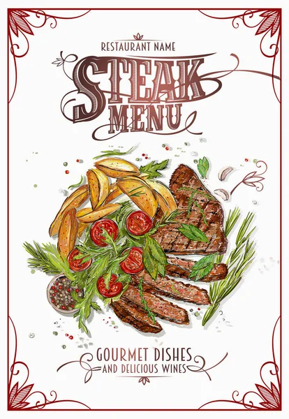 ステーキメニューベクトルデザインテンプレートは 揚げジャガイモ トマト 緑と牛のステーキの手描きスケッチスタイルのイラスト — ストックベクタ