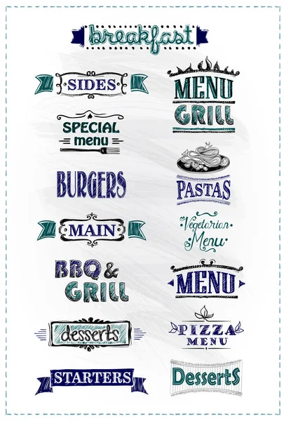 菜单标题 带有标志和图形素描风格元素 向量手绘烤和烧烤字母 汉堡包 意大利面 主菜和配菜等 — 图库矢量图片